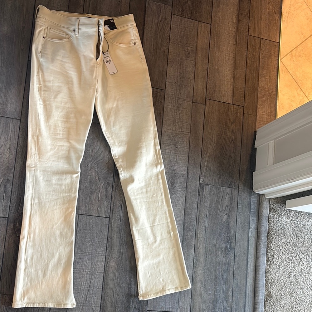 Cream Straight-Leg Pants with slits